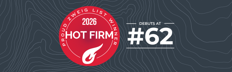 Zweig Group Hot Firm List 2026 Winner badge with "Debuted at No. 62" displayed against a dark gray topographic background.
