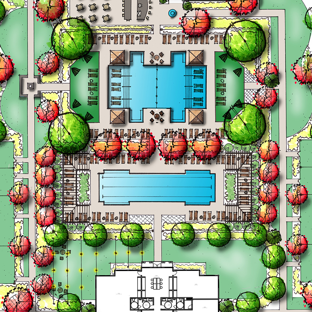 Colored landscape architecture site plan showing a resort-style pool courtyard with a lap pool, pergolas, lounge areas and ornamental trees surrounding a central amenity space.