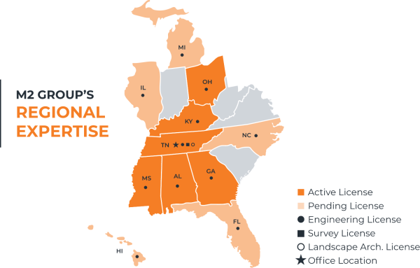 Map of the southeastern United States showing M2 Group’s active and pending licenses by state, including engineering, survey, and landscape architecture licenses, with office location in Tennessee.
