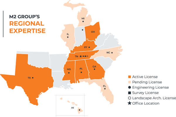 Map of the southeastern United States showing M2 Group’s active and pending licenses by state, including engineering, survey, and landscape architecture licenses, with office location in Tennessee.